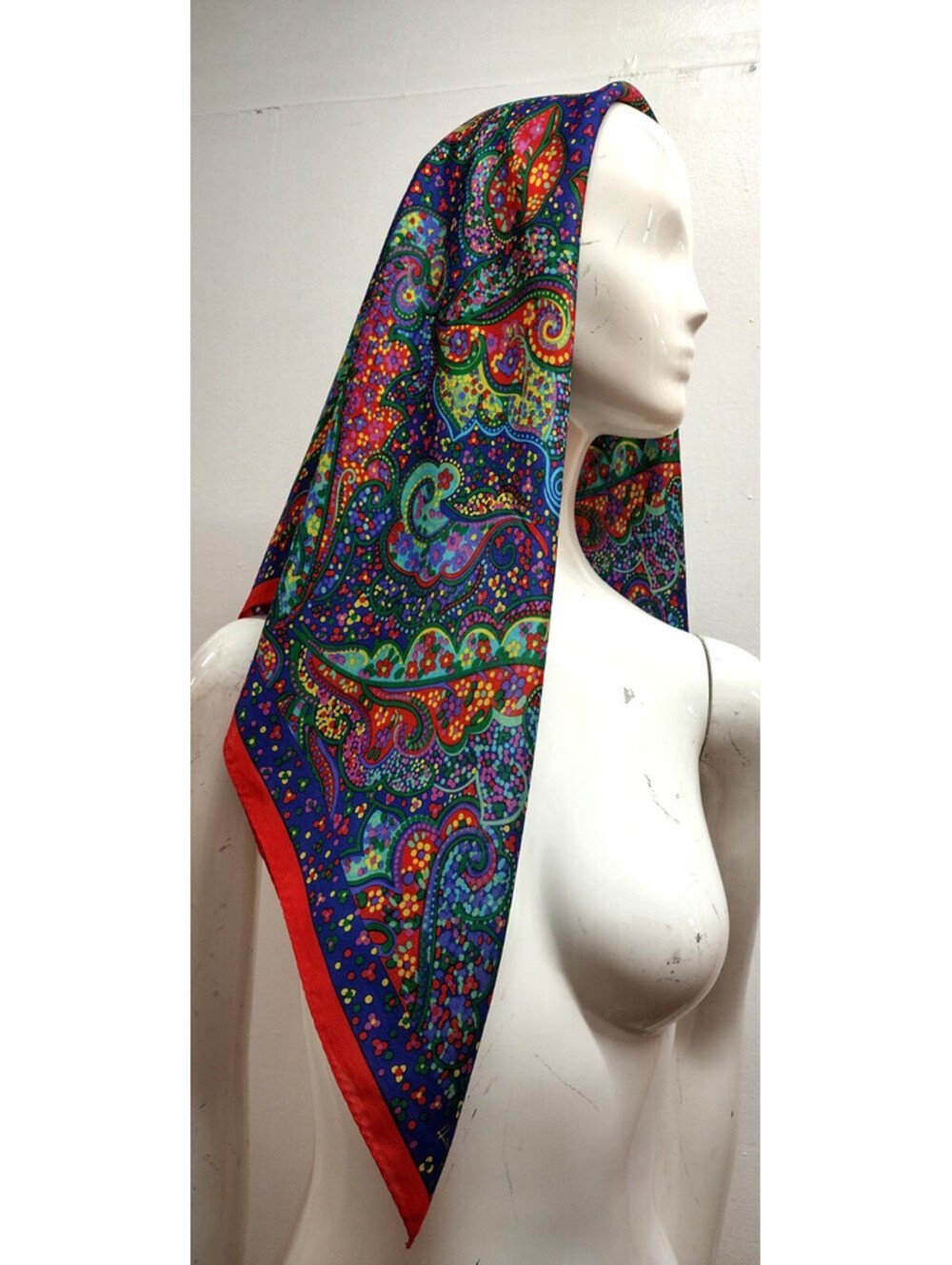 Vintage Psychedelic Paisley Silk Scarf Red Border Colorful Multicolor Big Size!